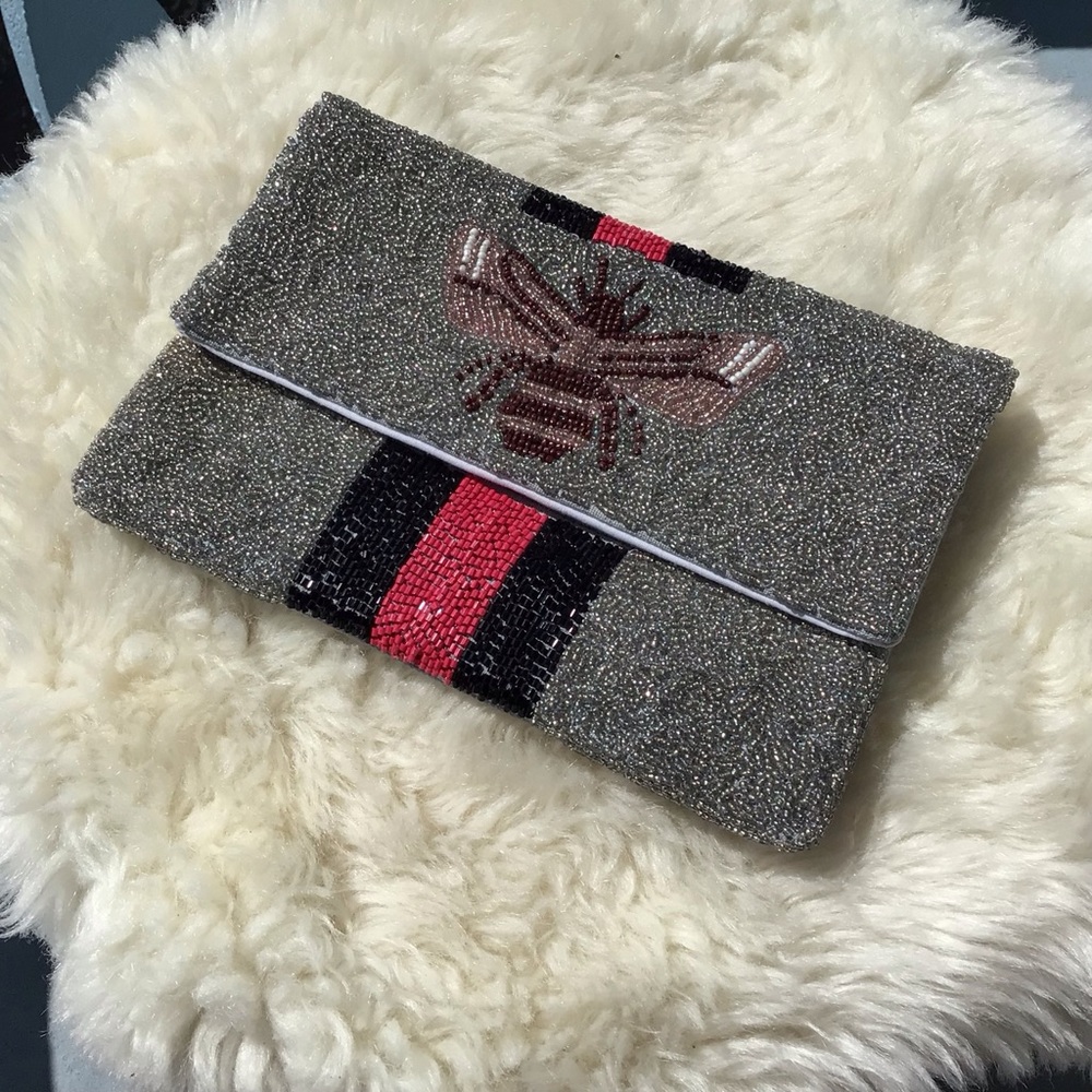 Artist Unknown Beaded Bee Bug Clutch with Bold Stripes